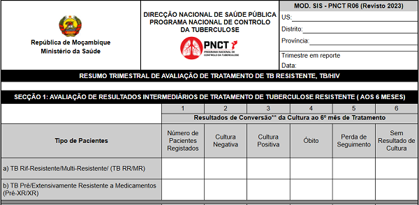 Ficha de Resumo Trimestral de Avaliação de Resultados Intermediários de Tratamento de TB Resistente