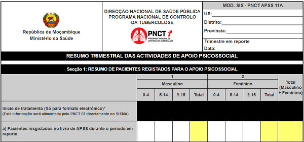 Totalizador de Resumo Trimestral das Actividades de Apoio Psicossocial (MOD. SIS - PNCT APSS 11A)