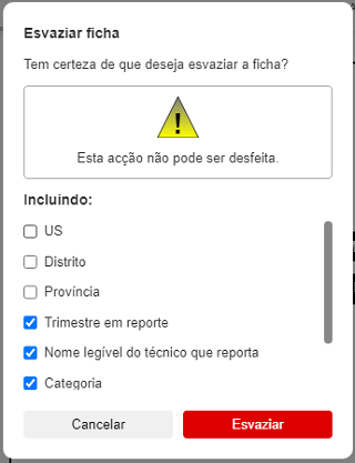 Caixa de diálogo para esvaziamento da ficha