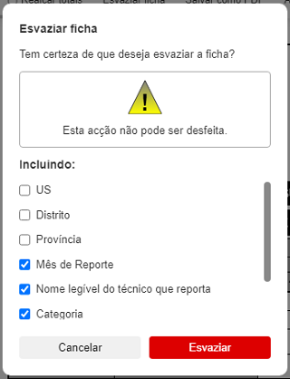 Caixa de diálogo para esvaziamento da ficha