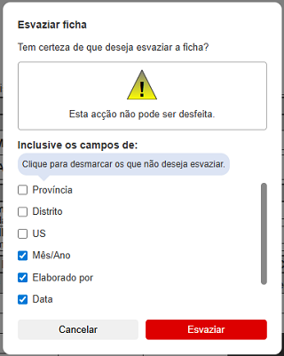 Caixa de diálogo para esvaziamento da ficha