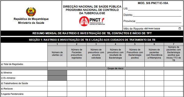 Totalizador de Resumo Mensal de Rastreio e Investigação de TB, Contactos e Início de TPT