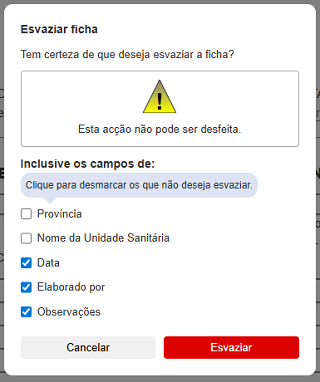 Caixa de diálogo para esvaziamento da ficha